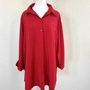 Vintage Red Button Up Blouse Shirt 3X Rayon Oversized 90s Career Top Pockets